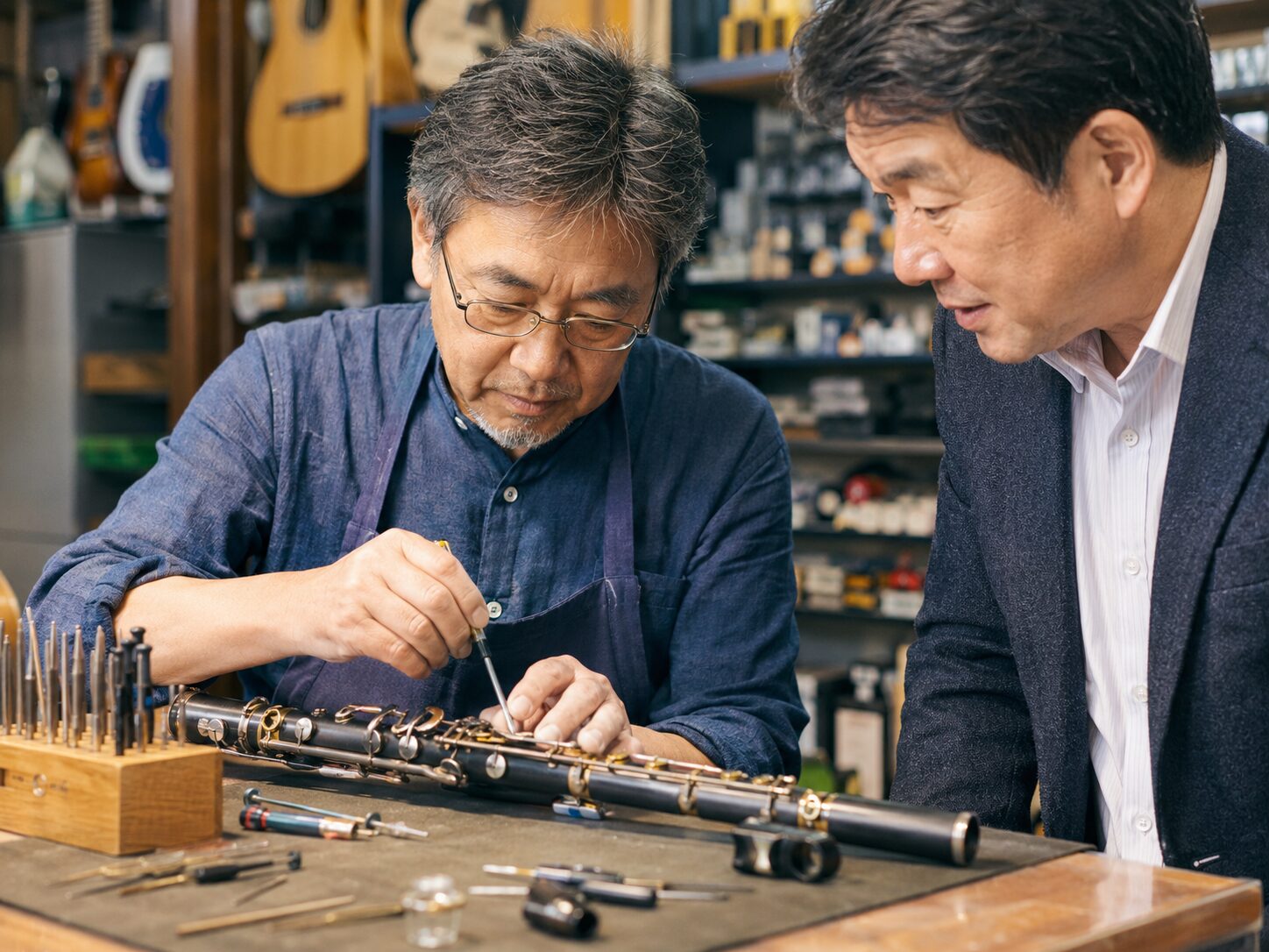 地方の小さな楽器店で、店主と支援者が商品について話している様子