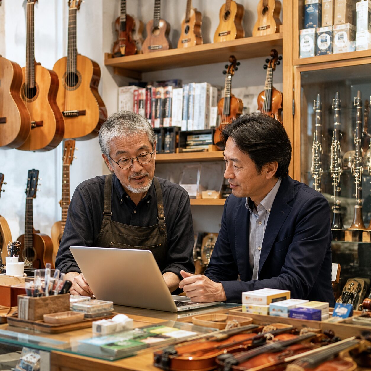 地方の小さな楽器店で店主と支援者が商品について話している様子