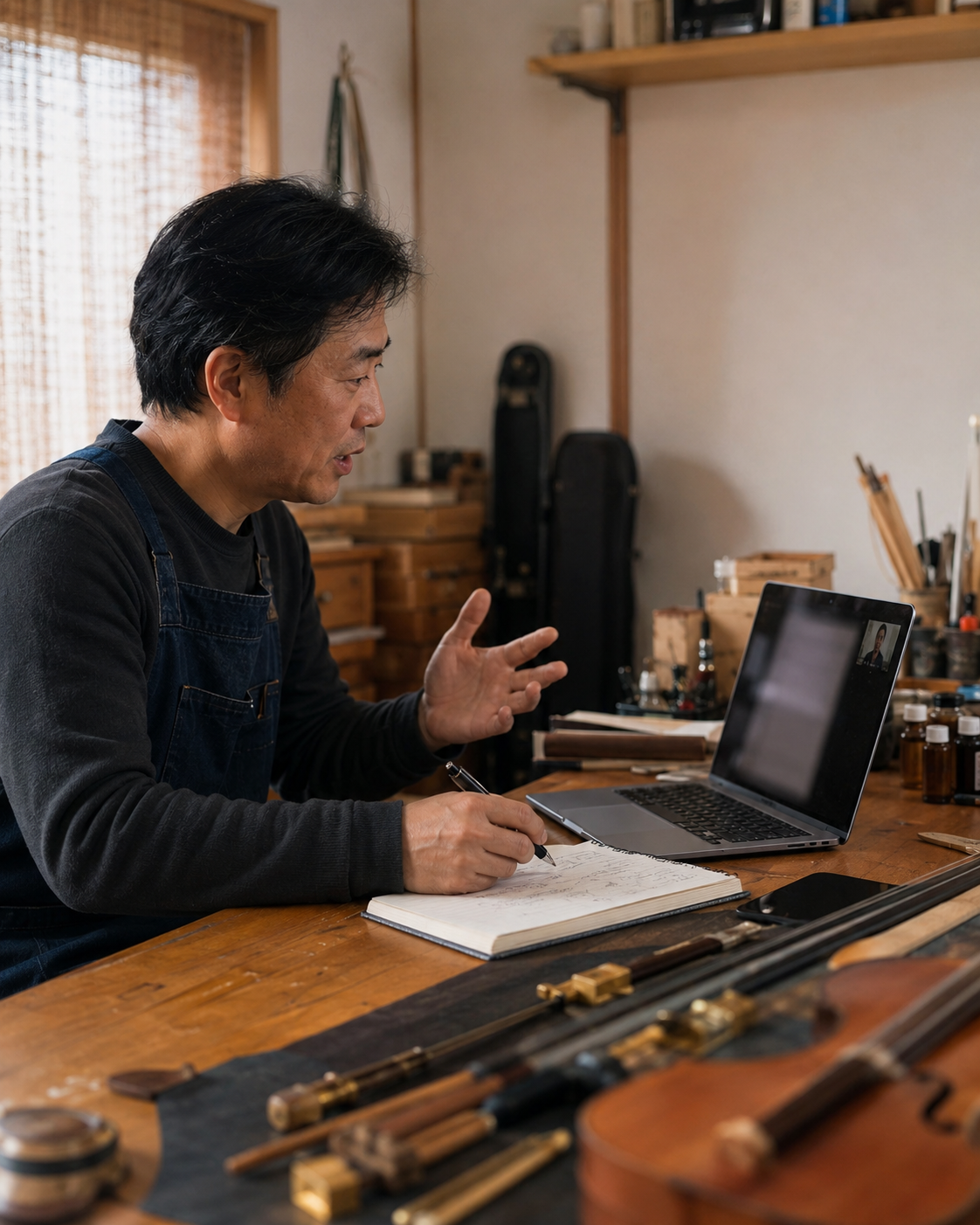 小さな工房でノートPCを使いオンライン相談をする一人事業者