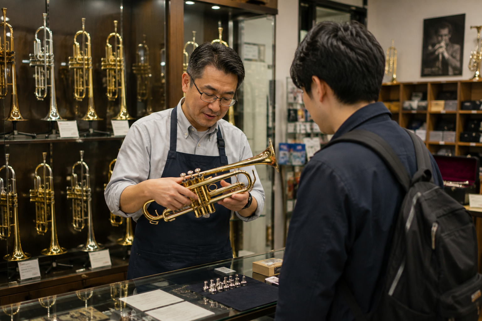 楽器店で店主がお客様にトランペットを説明している様子